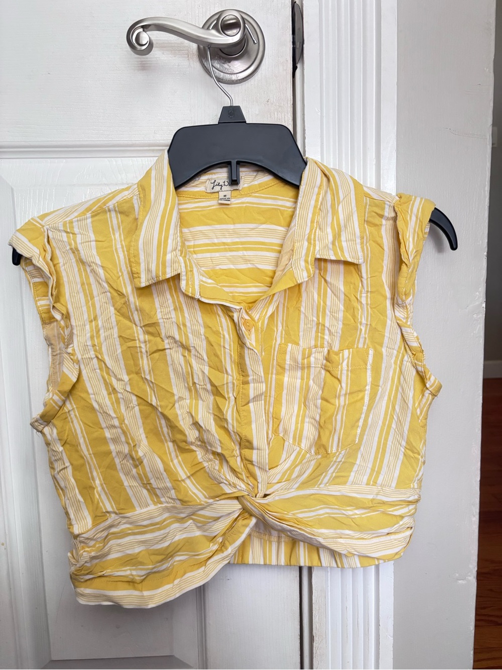 Retro Yellow Striped Tie-Front Button Up Sleeveless Crop Top